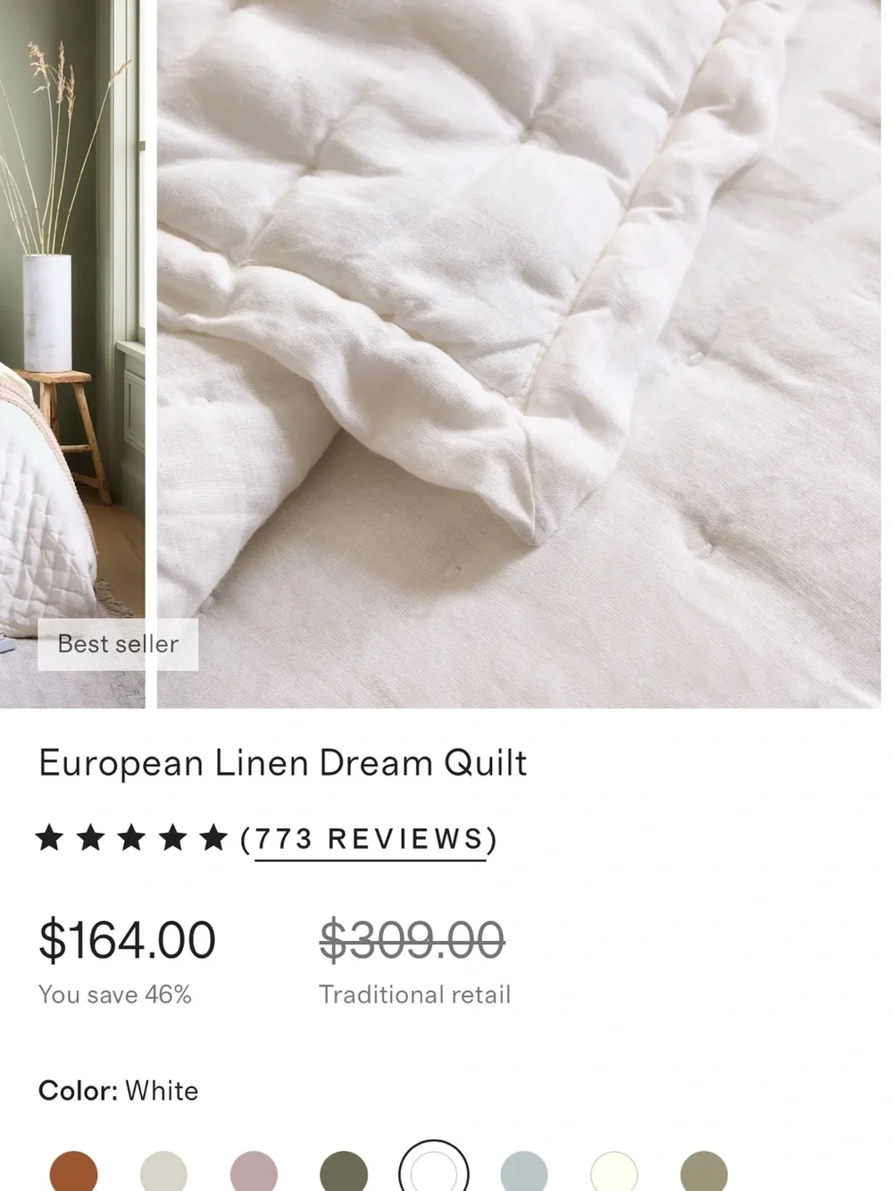 Quince White %European Linen Dream Quilt brand new